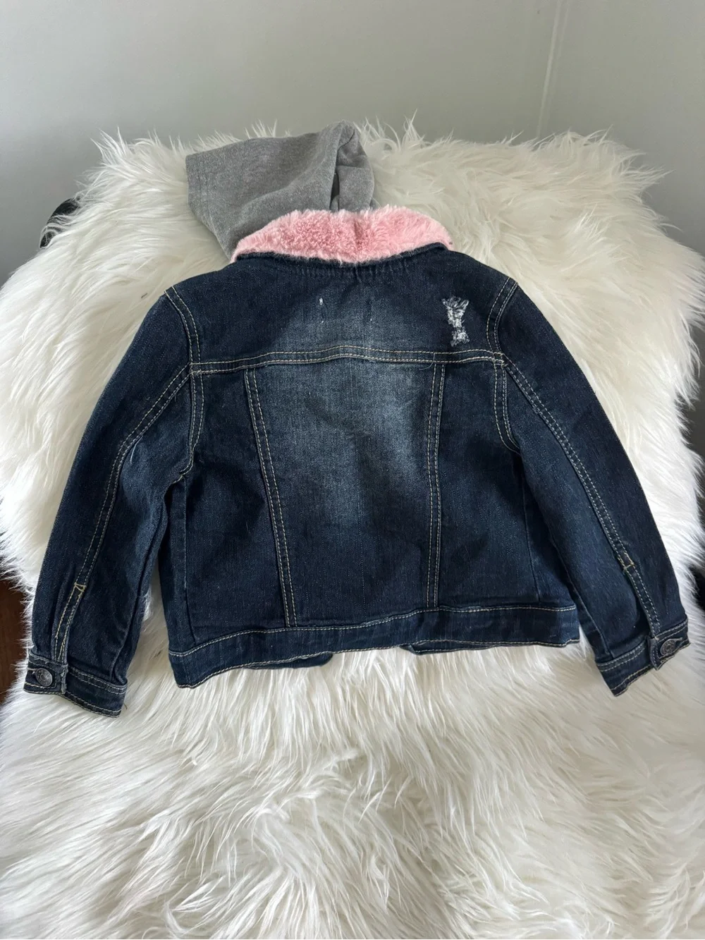 Epic Threads Dark Blue Denim Jacket with Pink Faux Fur Hood